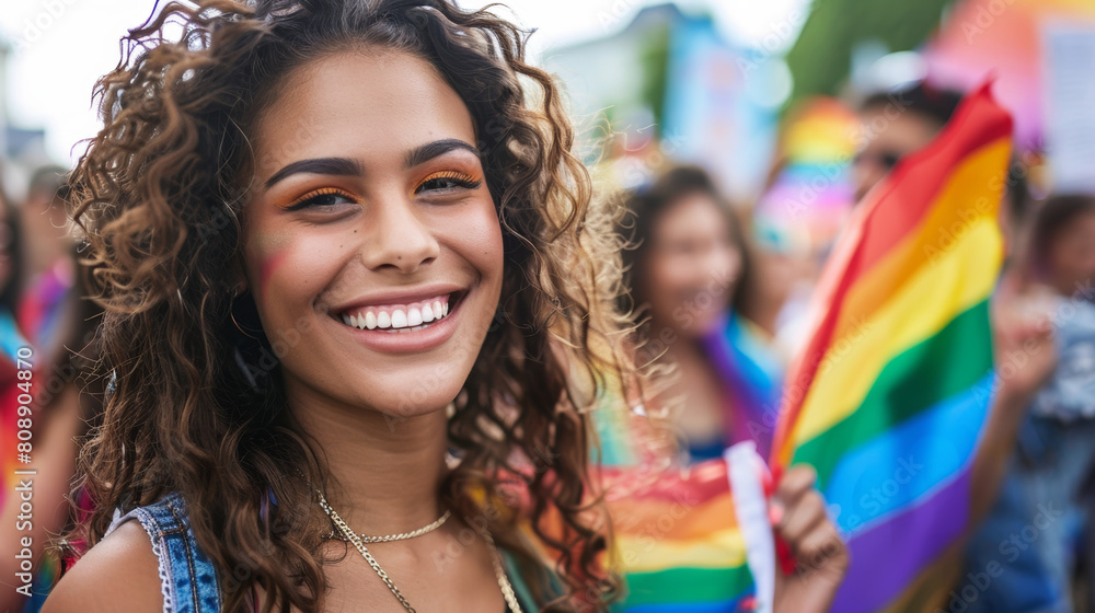 Smiling woman waving gay flag with group of people standing around. People participating in Gay march in the city. Stock Photo photography Smiling woman waving gay flag with group of people standing around. People participating in Gay march in the city. Stock Photo photography