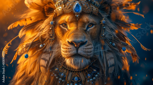 Majestic lion with a regal crown of feathers  draped in a silk cape
