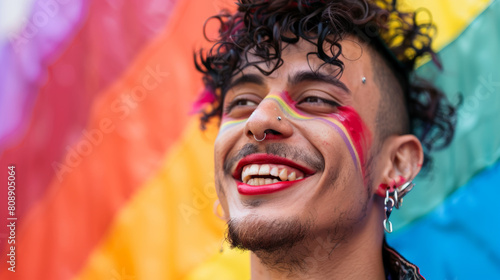 Smiling young gay man with make up standing against pride flag. Man with red lip stick and earring laughing in front of rainbow flag of gay pride. Stock Photo photography photo