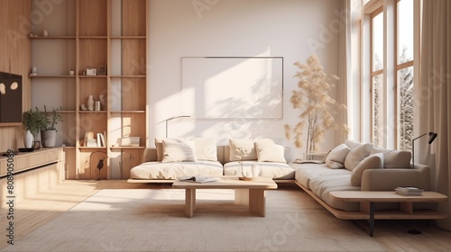 Modern interior japandi style design livingroom. Lighting and sunny scandinavian apartment with plaster and wood.