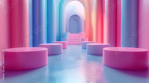 The image is a 3D rendering of a colorful hallway