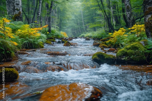 A tranquil forest stream flows through vibrant greenery  creating a peaceful and serene natural scene