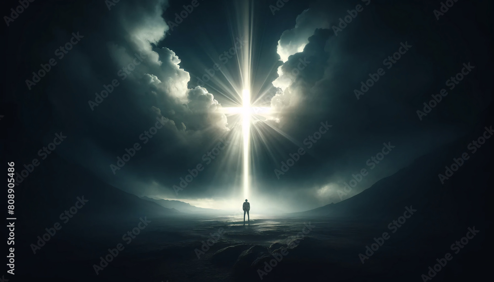 Obraz premium a person standing before a large glowing cross in a dark, stormy landscape