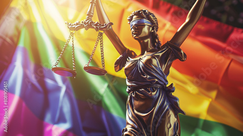 Statue of Justice - symbol of law and justice with lgbt flag. Lgbt rights and law Stock Photo photography photo