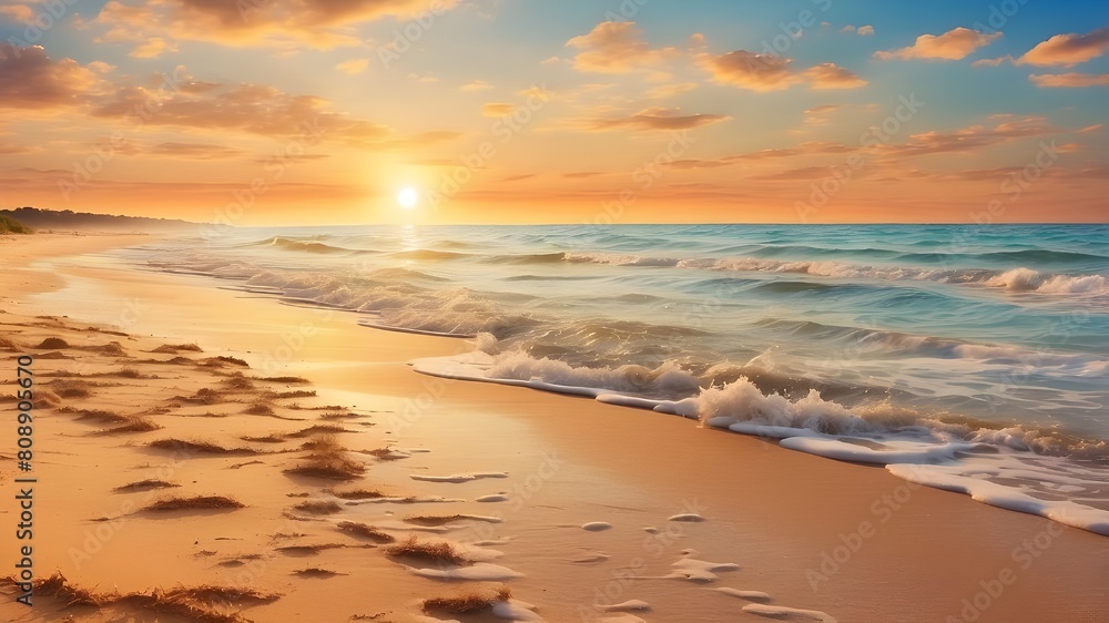 Seashore with sand in close-up. panoramic view of the beach. Motivate a lush beach with a beautiful horizon. Summertime tranquillity, sunny relaxation, and a serene orange and golden sunset sky