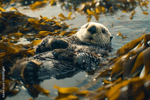 A close-up of a playful sea otter floating on its back, surrounded by kelp © zulfadli