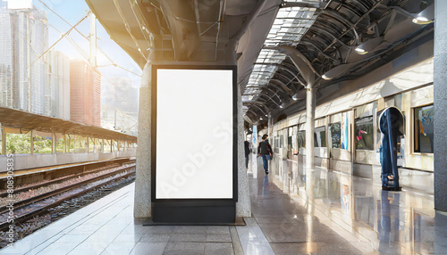 Mock up. Vertical advertising billboard, lightbox with empty digital screen on railway station. Blank white poster advertising, public information board stands at station in front of people and train