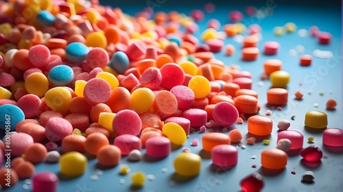 a striking display of bright candy strewn all over the background, signifying the idea of food safety and drawing attention to worries about hazardous and potentially harmful food additives.