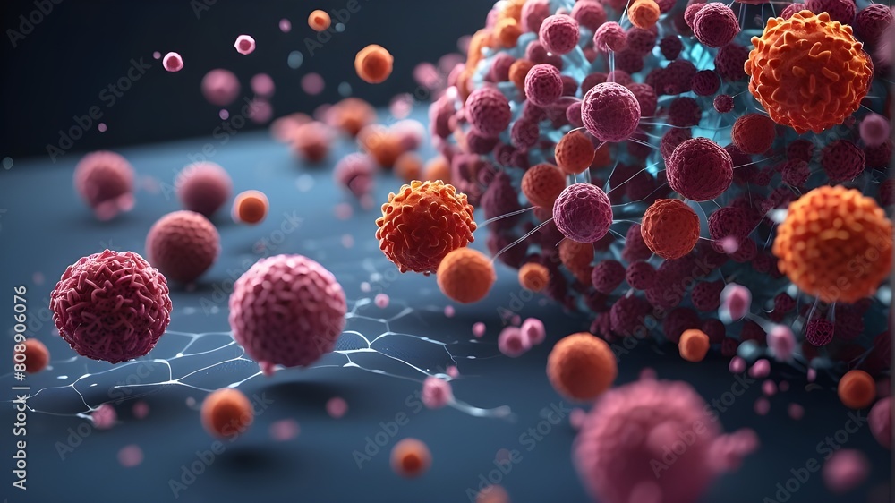 The medical approach to immunotherapy, showing viruses floating in a tiny perspective. The picture demonstrates the idea of fighting diseases, especially cancer, with the body's immune system. The medical approach to immunotherapy, showing viruses floating in a tiny perspective. The picture demonstrates the idea of fighting diseases, especially cancer, with the body's immune system.
