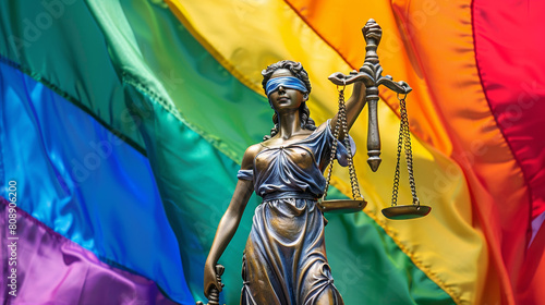 The blindfolded goddess of justice Themis or Justitia against the rainbow flag of LGBT community, as a LGBT social issues concept Stock Photo photography