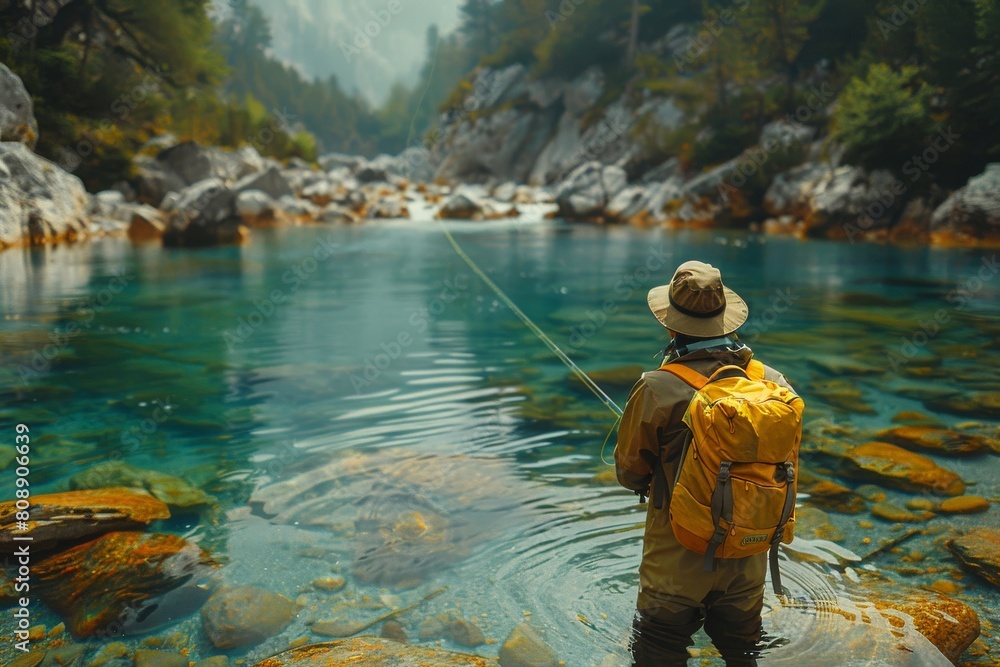 A lone fisherman wades through a crystal-clear river with rugged mountains in the hazy distance creating a tranquil vibe A lone fisherman wades through a crystal-clear river with rugged mountains in the hazy distance creating a tranquil vibe
