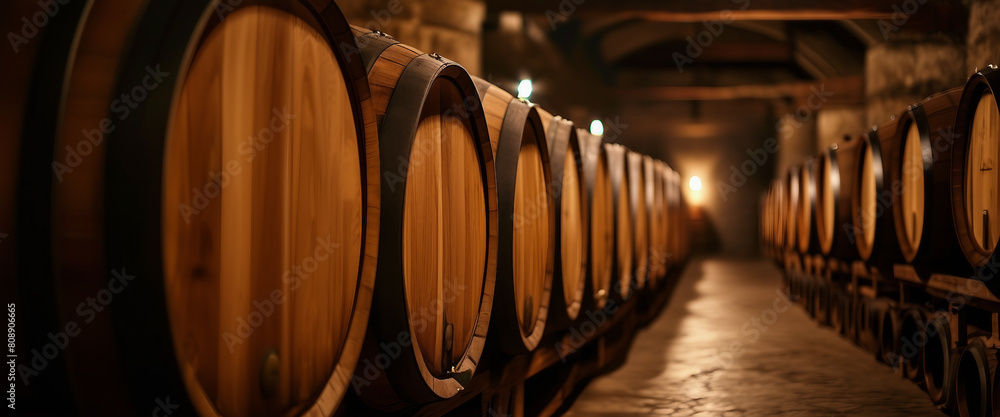 Rows of wooden wine barrels stored in a dimly lit traditional cellar, implying aged quality