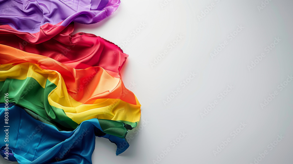 The rainbow flag or LGBT is on a white background with copy space for text. Top view. Close-up photo Stock Photo photography