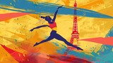 an gymnast jumping in the air against the background of paris eiffel tower, watercolor illustration
