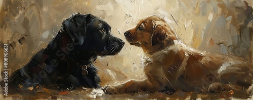 Illustrate the charming camaraderie of a cat and a dog in an expressive oil painting on canvas