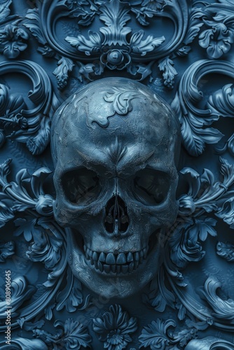 Floral Adorned Skull in Moody Blue Tones 