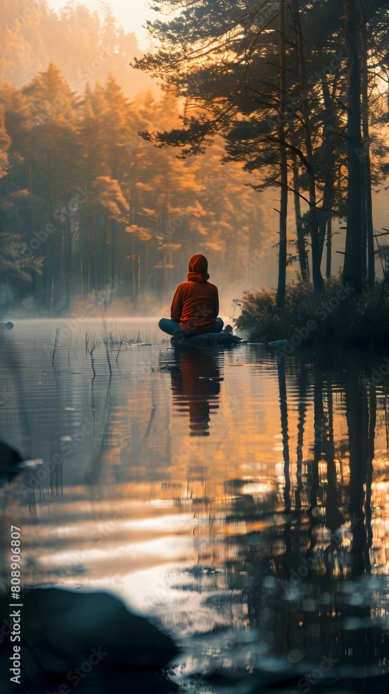 Finding Morning Calm: Meditating to Nature Sounds for Peace and Clarity in Photo Realistic Concept
