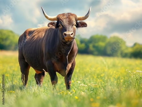 A large brown bull is standing in a field of grass. The bull has horns and he is looking to the right. The scene is peaceful and serene  with the bull being the main focus of the image