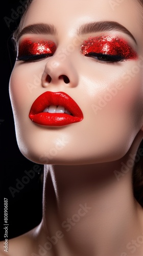 Beautiful young model with glossy red lips and eyeshadows. Beauty woman with a perfect skin wet face effect. Metallic shine fashion makeup close-up.