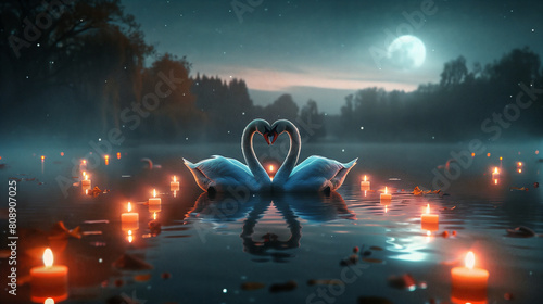 an elegant swan couple forming a heart shape on a serene lake, surrounded by floating candles and soft moonlight