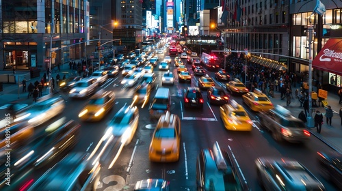 A long exposure shot of a busy street in New York City at night. photo