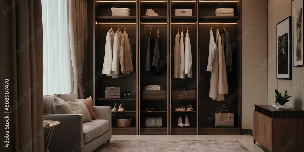 Modern cozy mock up interior design of elegant living room and wall pattern background and closet area Modern cozy mock up interior design of elegant living room and wall pattern background and closet area