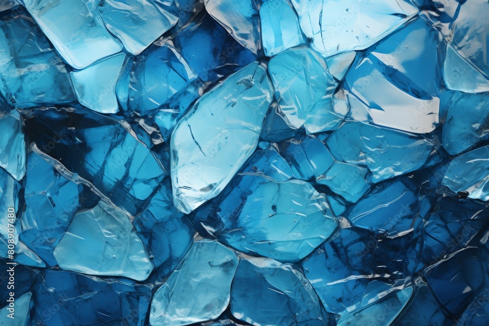 Abstract close-up of crystal blue ice shards creating a textured background. The image offers a cool-toned pattern of varying transparent and opaque icy fragments with intricate detail