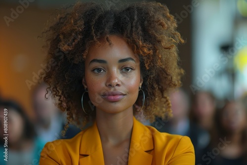 Confident African American woman in stylish yellow blazer smiling at a business seminar