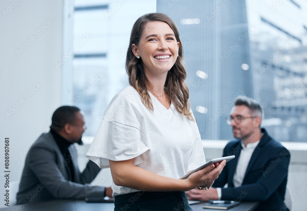 Ταπετσαρία Portrait, employee and woman in boardroom, tablet and confidence in corporate and auditor