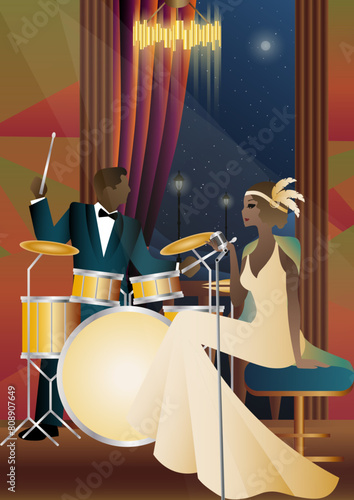 Jazz musicians and singer on a universal background. Double bass, saxophone, drum. Musicians play musical instruments