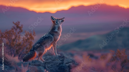 8K wallpaper of a coyote howling at dusk on a rocky ridge, with the surrounding desert bathed in warm twilight colors. photo