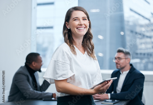 Portrait, employee and woman in boardroom, tablet and confidence in corporate and auditor. Office, bookkeeper and person in business meeting, table and collaboration for planning and smile of project