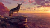 8K wallpaper of a coyote howling at dusk on a rocky ridge, with the surrounding desert bathed in warm twilight colors.