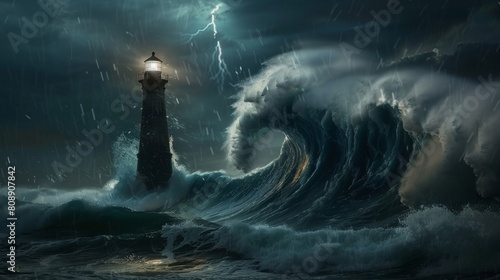A lighthouse is shown in the middle of a stormy sea