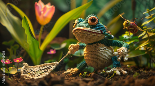 Picture a meticulously crafted scenario where a handmade Amigurumi frog doll is staged in a battle stance against insect pests in a lush, miniature garden world. The frog, 