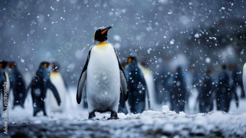 A group of penguins are standing in the snow photo