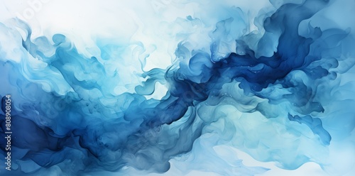 Vibrant and fluid abstract background capturing the essence of a blue smoke wave, merging shades of blue, resembling watercolor painting techniques for a serene and ethereal effect