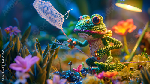 Picture a meticulously crafted scenario where a handmade Amigurumi frog doll is staged in a battle stance against insect pests in a lush, miniature garden world. T photo