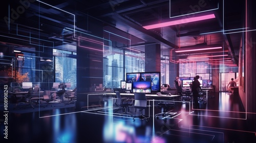 Modern neon cyberpunk open space office interior blurred with information technology overlay. Corporate strategy for finance, operations, marketing.