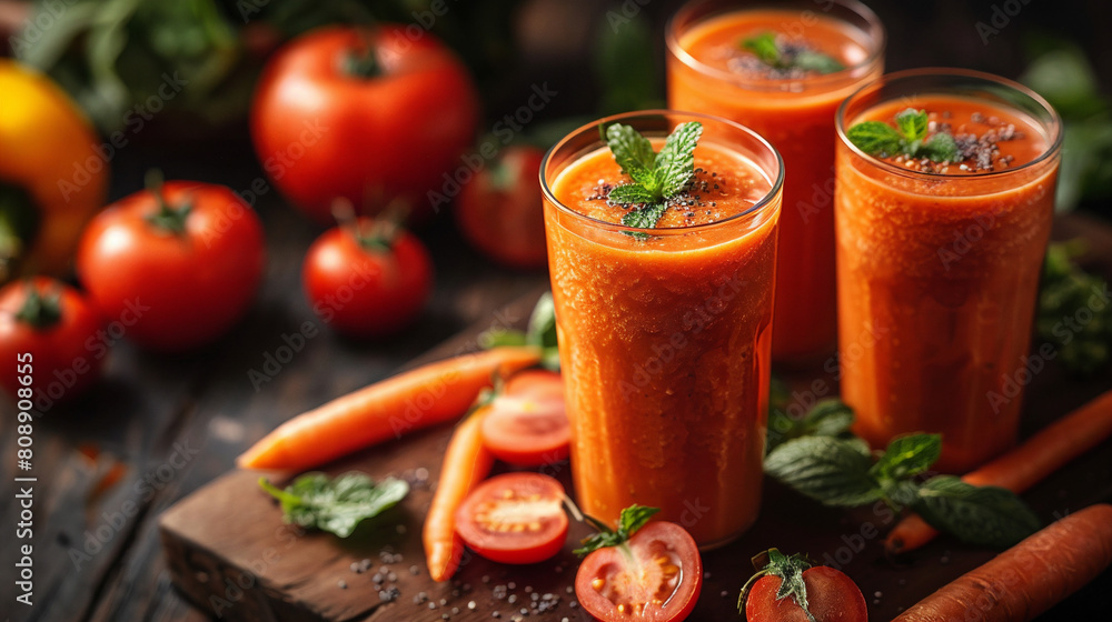 Cold-pressed carrot juice with wood and plants in the background, all-natural juice and smoothies, has been placed on a table, in the style of organic, youthful energy Cold-pressed carrot juice with wood and plants in the background, all-natural juice and smoothies, has been placed on a table, in the style of organic, youthful energy