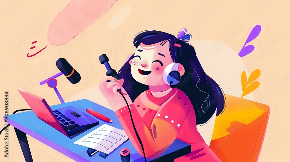 Fototapeta premium Happy woman podcasting with a bright and motivating workspace