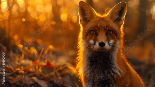 8K wallpaper of a fox looking directly into the camera in a whimsical forest clearing, with its fur glowing in the warm, cinematic light of sunset