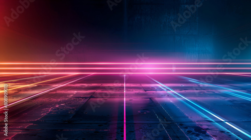 3D abstract background with neon lights  Glowing lines in the dark  3d render  abstract glowing background  empty room with neon lines  Abstract futuristic neon glowing lamps in dark corridor
