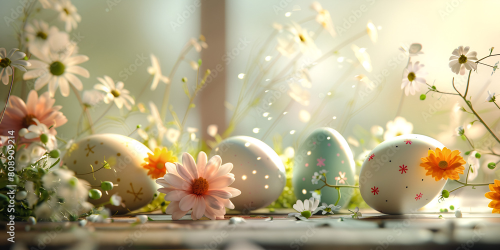 Easter advertisment natural background with eggs flowers bokeh lights and copy space
