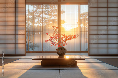 Traditional Japanese room with Ikebana floral arrangement. Serene setting with tatami mats and shoji screens. Japanese culture and minimalist design concept for design and print. Room with copy space
