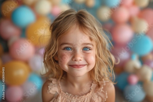 A beautiful young girl with a sweet smile and freckles poses before a backdrop of pastel balloons