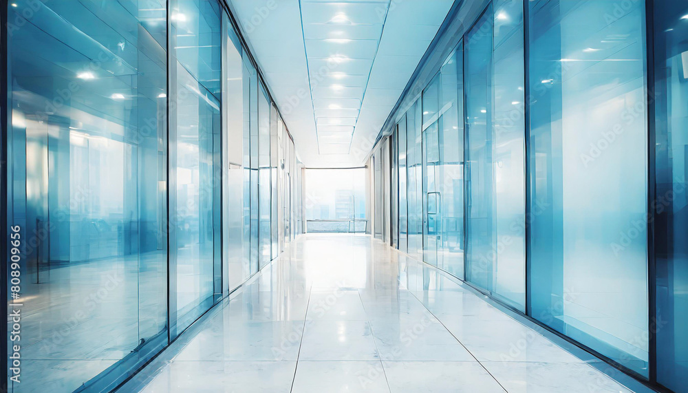 A modern office corridor with a modern meeting room and empty space on a white wall. office building