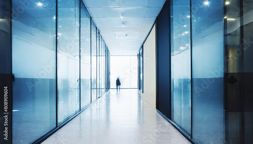 A modern office corridor with a modern meeting room and empty space on a white wall. office building