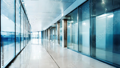 A modern office corridor with a modern meeting room and empty space on a white wall. office building