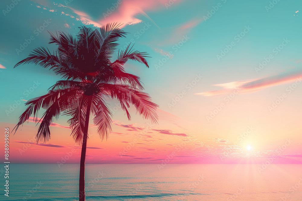 colorful gradient sunset with one palm tree extending above sunset with beach in the background colorful gradient sunset with one palm tree extending above sunset with beach in the background